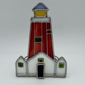 Stained Glass Lighthouse Votive Candle Holder Red White Yellow Coastal Cottage